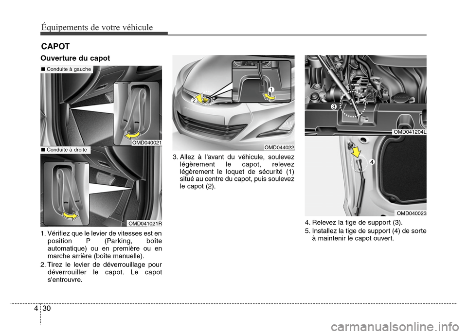 Hyundai Elantra 2015  Manuel du propriétaire (in French) 30 4
Équipements de votre véhicule
Ouverture du capot
1. Vérifiez que le levier de vitesses est en
position P (Parking, boîte
automatique) ou en première ou en
marche arrière (boîte manuelle).
