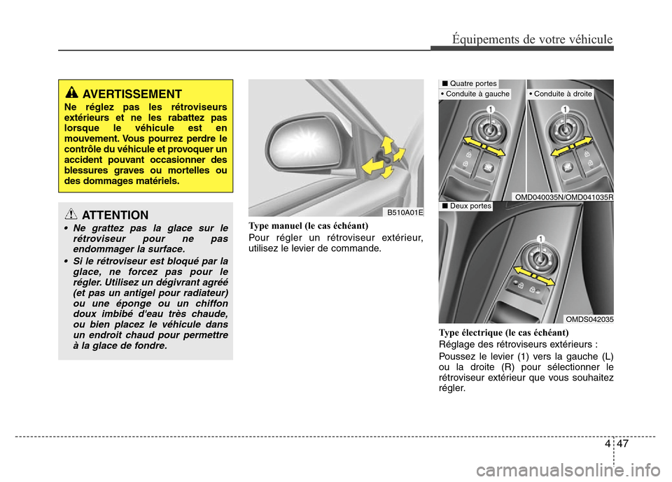 Hyundai Elantra 2015 Manuel du propriétaire (in French) 447
Équipements de votre véhicule
Type manuel (le cas échéant)
Pour régler un rétroviseur extérieur,
utilisez le levier de commande.
Type électrique (le cas échéant)
Réglage des rétroviseu Hyundai Elantra 2015 Manuel du propriétaire (in French) 447
Équipements de votre véhicule
Type manuel (le cas échéant)
Pour régler un rétroviseur extérieur,
utilisez le levier de commande.
Type électrique (le cas échéant)
Réglage des rétroviseu