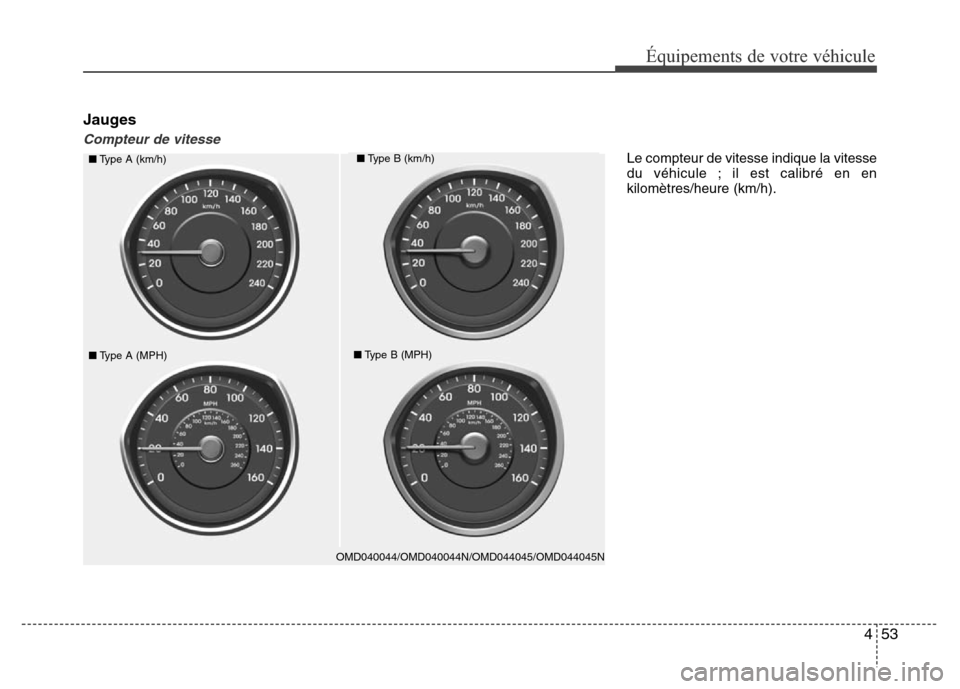 Hyundai Elantra 2015  Manuel du propriétaire (in French) 453
Équipements de votre véhicule
Jauges
Compteur de vitesse
Le compteur de vitesse indique la vitesse
du véhicule ; il est calibré en en
kilomètres/heure (km/h).
OMD040044/OMD040044N/OMD044045/O
