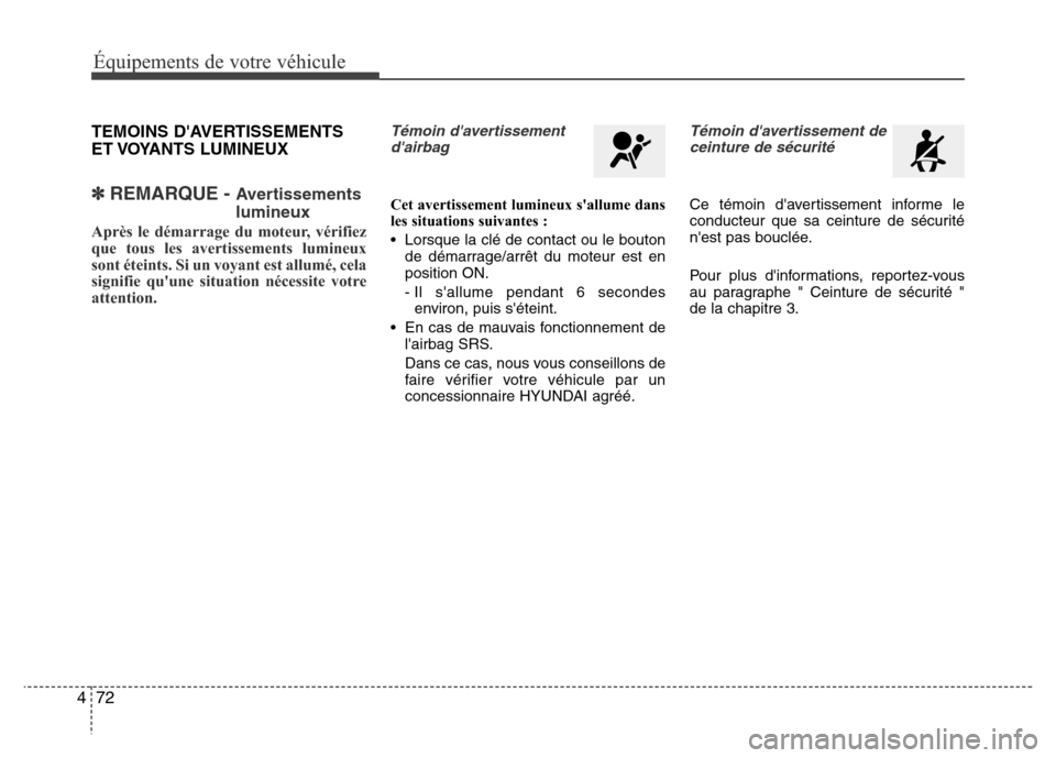 Hyundai Elantra 2015  Manuel du propriétaire (in French) 72 4
Équipements de votre véhicule
TEMOINS DAVERTISSEMENTS
ET VOYANTS  LUMINEUX 
✽REMARQUE - Avertissements
lumineux
Après le démarrage du moteur, vérifiez
que tous les avertissements lumineux