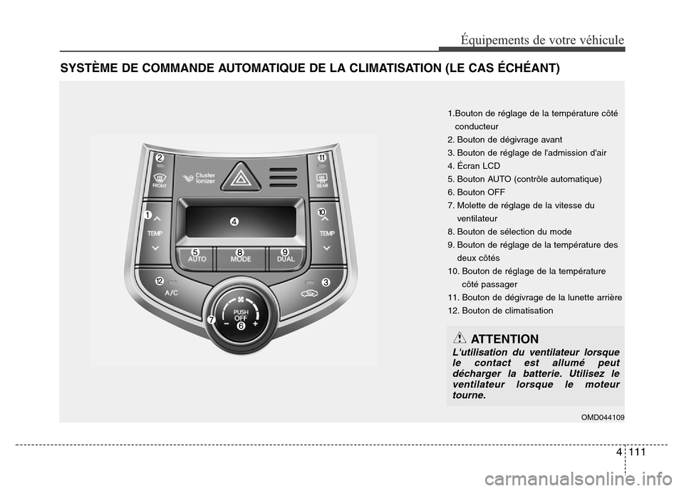 Hyundai Elantra 2015  Manuel du propriétaire (in French) 4111
Équipements de votre véhicule
SYSTÈME DE COMMANDE AUTOMATIQUE DE LA CLIMATISATION (LE CAS ÉCHÉANT)
1.Bouton de réglage de la température côté
conducteur
2. Bouton de dégivrage avant
3. 