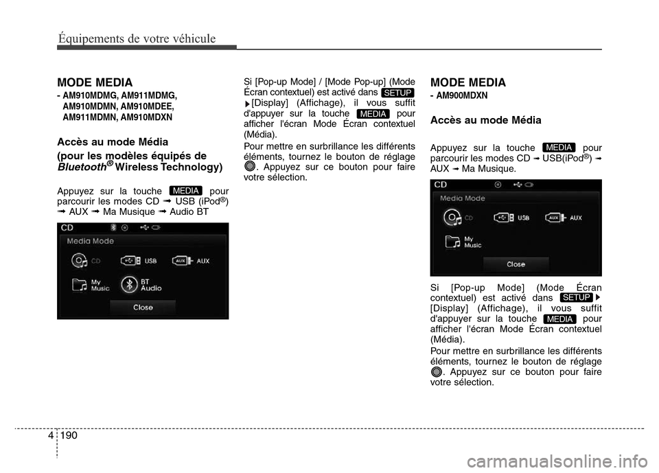 Hyundai Elantra 2015  Manuel du propriétaire (in French) 190 4
Équipements de votre véhicule
MODE MEDIA
-AM910MDMG, AM911MDMG,
AM910MDMN, AM910MDEE,
AM911MDMN, AM910MDXN
Accès au mode Média
(pour les modèles équipés de
Bluetooth®Wireless Technology)
