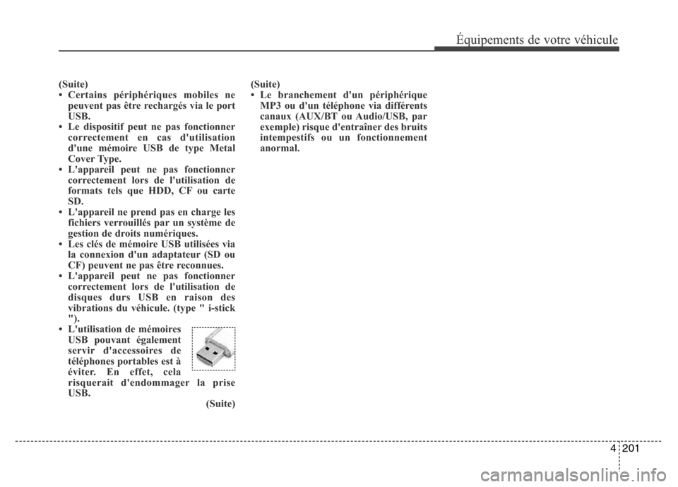 Hyundai Elantra 2015  Manuel du propriétaire (in French) 4201
Équipements de votre véhicule
(Suite)
• Certains périphériques mobiles ne
peuvent pas être rechargés via le port
USB.
• Le dispositif peut ne pas fonctionner
correctement en cas dutili