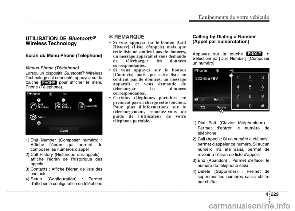 Hyundai Elantra 2015  Manuel du propriétaire (in French) 4229
Équipements de votre véhicule
UTILISATION DE Bluetooth®
Wireless Technology
Ecran du Menu Phone (Téléphone)
Menus Phone (Téléphone)
Lorsquun dispositif Bluetooth®Wireless
Technology est 