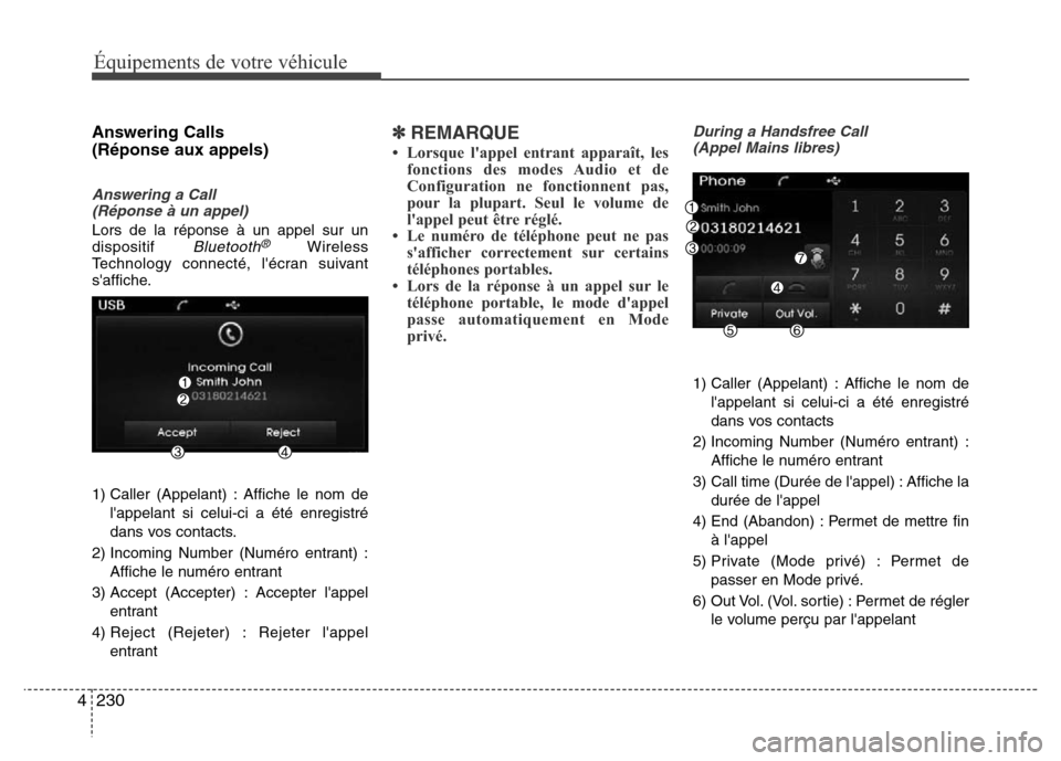 Hyundai Elantra 2015  Manuel du propriétaire (in French) 230 4
Équipements de votre véhicule
Answering Calls 
(Réponse aux appels)
Answering a Call 
(Réponse à un appel)
Lors de la réponse à un appel sur un
dispositif Bluetooth®Wireless
Technology c
