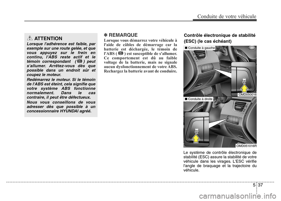 Hyundai Elantra 2015  Manuel du propriétaire (in French) 537
Conduite de votre véhicule
✽REMARQUE
Lorsque vous démarrez votre véhicule à
laide de câbles de démarrage car la
batterie est déchargée, le témoin de
lABS ( ) est susceptible de sallu