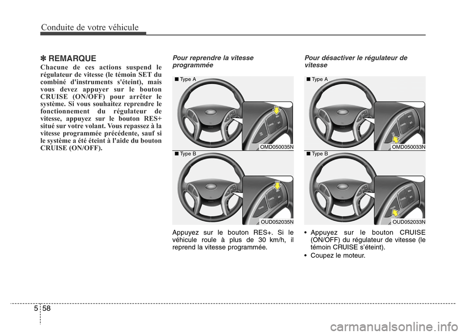 Hyundai Elantra 2015  Manuel du propriétaire (in French) Conduite de votre véhicule
58 5
✽REMARQUE
Chacune de ces actions suspend le
régulateur de vitesse (le témoin SET du
combiné dinstruments séteint), mais
vous devez appuyer sur le bouton
CRUISE