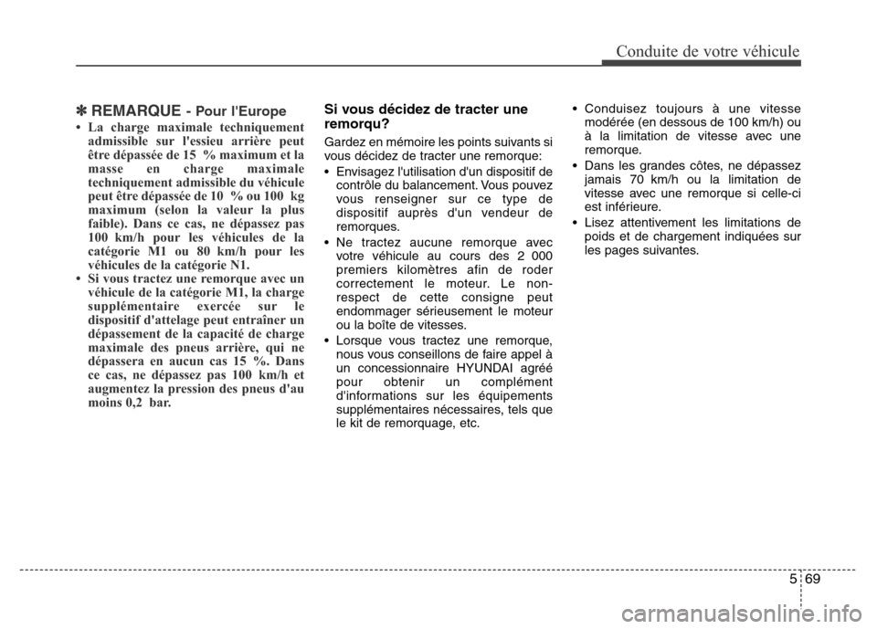 Hyundai Elantra 2015  Manuel du propriétaire (in French) 569
Conduite de votre véhicule
✽REMARQUE- Pour lEurope
• La charge maximale techniquement
admissible sur lessieu arrière peut
être dépassée de 15 % maximum et la
masse en charge maximale
te