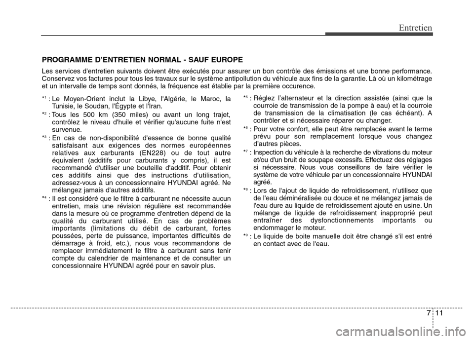 Hyundai Elantra 2015  Manuel du propriétaire (in French) 711
Entretien
PROGRAMME D’ENTRETIEN NORMAL - SAUF EUROPE
Les services dentretien suivants doivent être exécutés pour assurer un bon contrôle des émissions et une bonne performance.
Conservez v