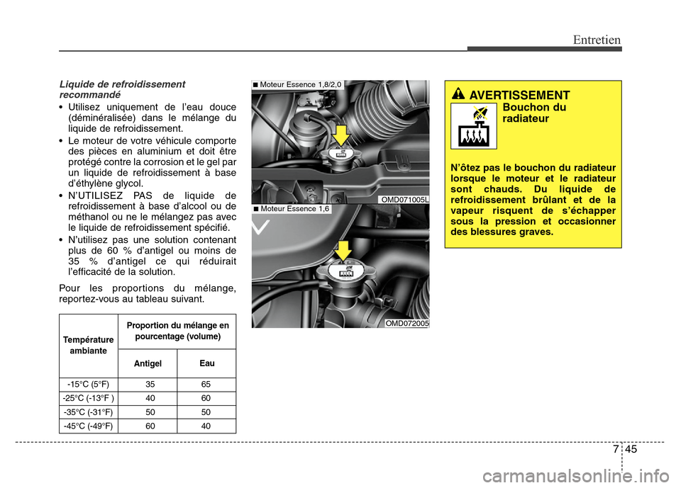 Hyundai Elantra 2015  Manuel du propriétaire (in French) 745
Entretien
Liquide de refroidissement
recommandé
• Utilisez uniquement de l’eau douce
(déminéralisée) dans le mélange du
liquide de refroidissement.
• Le moteur de votre véhicule compor