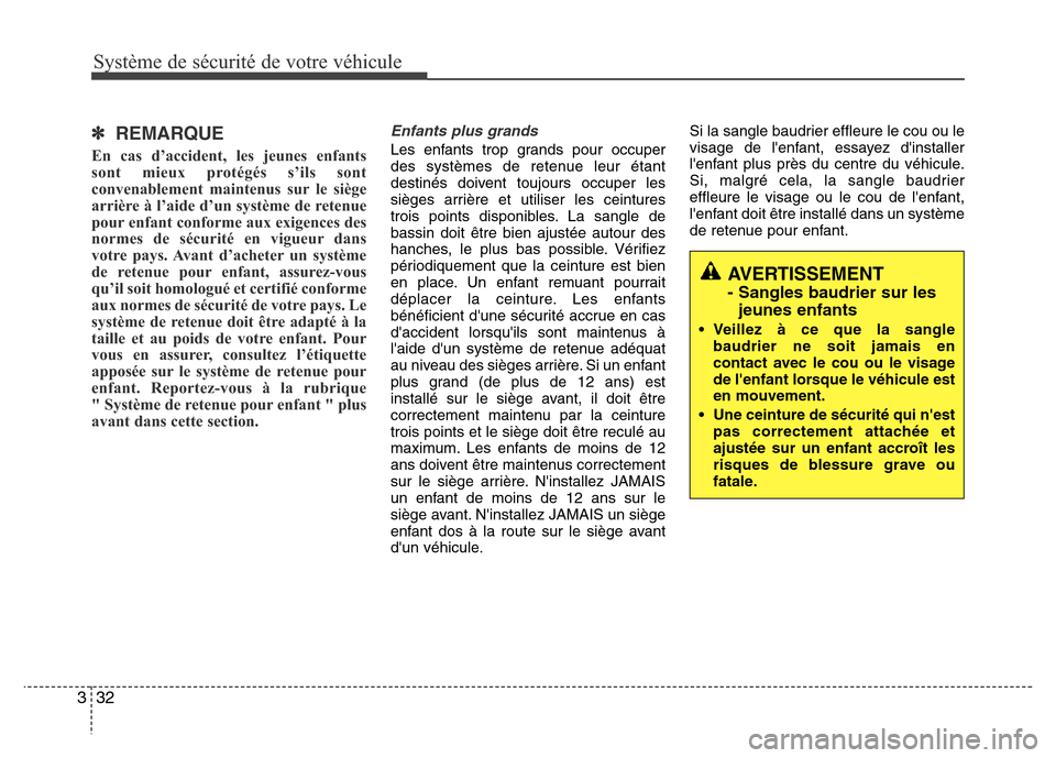 Hyundai Elantra 2015 Manuel du propriétaire (in French) Système de sécurité de votre véhicule
32 3
✽ REMARQUE
En cas d’accident, les jeunes enfants
sont mieux protégés s’ils sont
convenablement maintenus sur le siège
arrière à l’aide d Hyundai Elantra 2015 Manuel du propriétaire (in French) Système de sécurité de votre véhicule
32 3
✽ REMARQUE
En cas d’accident, les jeunes enfants
sont mieux protégés s’ils sont
convenablement maintenus sur le siège
arrière à l’aide d