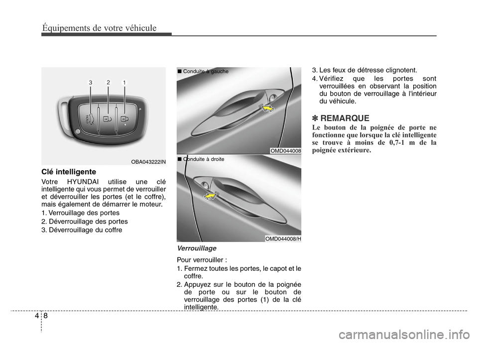 Hyundai Elantra 2015  Manuel du propriétaire (in French) Clé intelligente
Votre HYUNDAI utilise une clé
intelligente qui vous permet de verrouiller
et déverrouiller les portes (et le coffre),
mais également de démarrer le moteur.
1. Verrouillage des po
