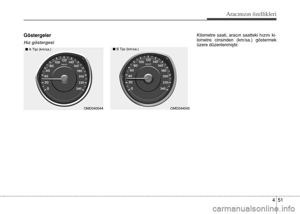 Hyundai Elantra 2015  Kullanım Kılavuzu (in Turkish) 451
Aracınızın özellikleri
Göstergeler
Hız göstergesi
Kilometre saati, aracın saatteki hızını ki-
lometre cinsinden (km/sa.) göstermek
üzere düzenlenmiştir.
nA Tipi (km/sa.)nB Tipi (km/