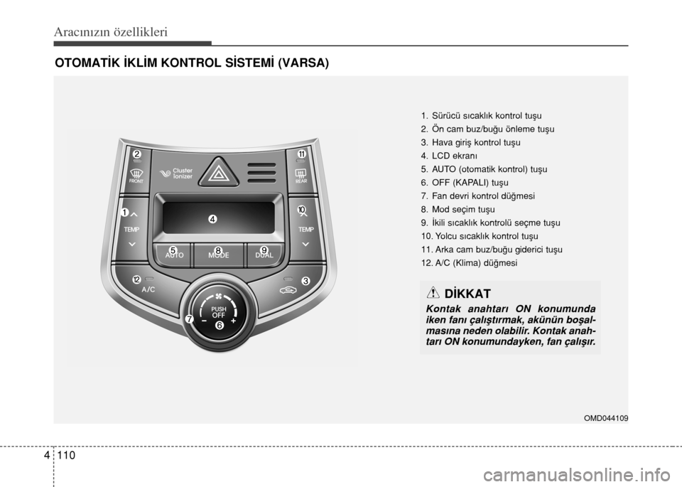 Hyundai Elantra 2015  Kullanım Kılavuzu (in Turkish) Aracınızın özellikleri
110 4
OTOMATİK İKLİM KONTROL SİSTEMİ (VARSA)
1. Sürücü sıcaklık kontrol tuşu
2. Ön cam buz/buğu önleme tuşu
3. Hava giriş kontrol tuşu
4. LCD ekranı
5. AUT