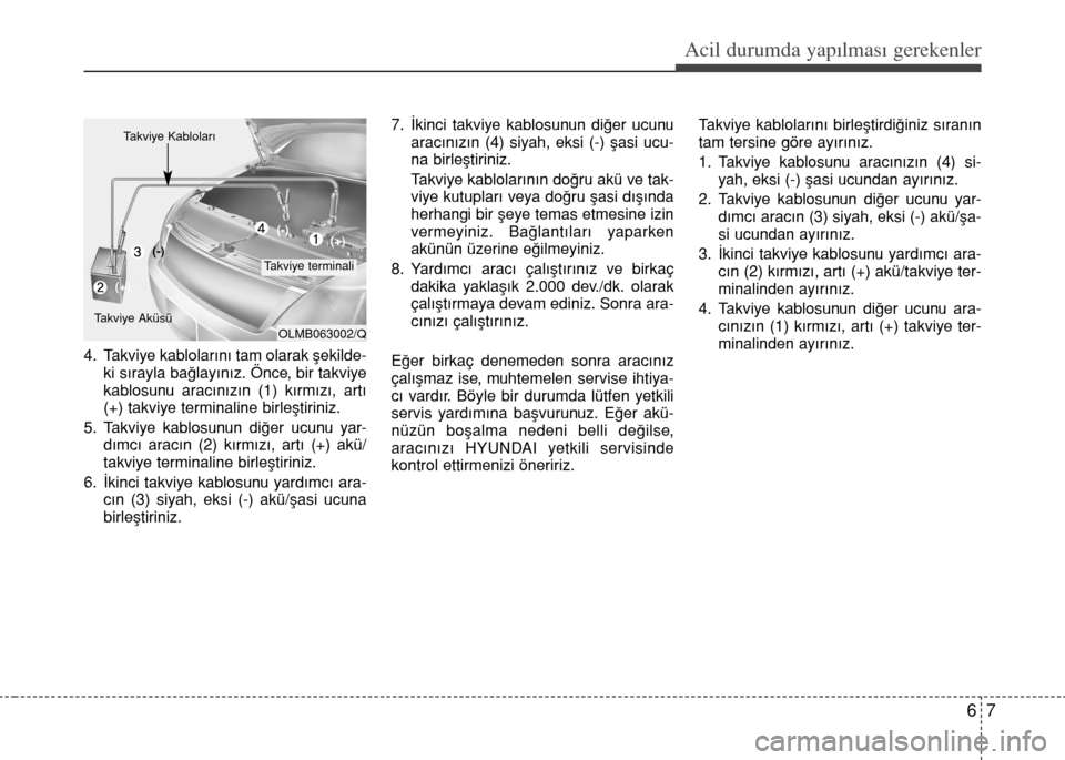 Hyundai Elantra 2015  Kullanım Kılavuzu (in Turkish) 4. Takviye kablolarını tam olarak şekilde-
ki sırayla bağlayınız. Önce, bir takviye
kablosunu aracınızın (1) kırmızı, artı
(+) takviye terminaline birleştiriniz.
5. Takviye kablosunun 