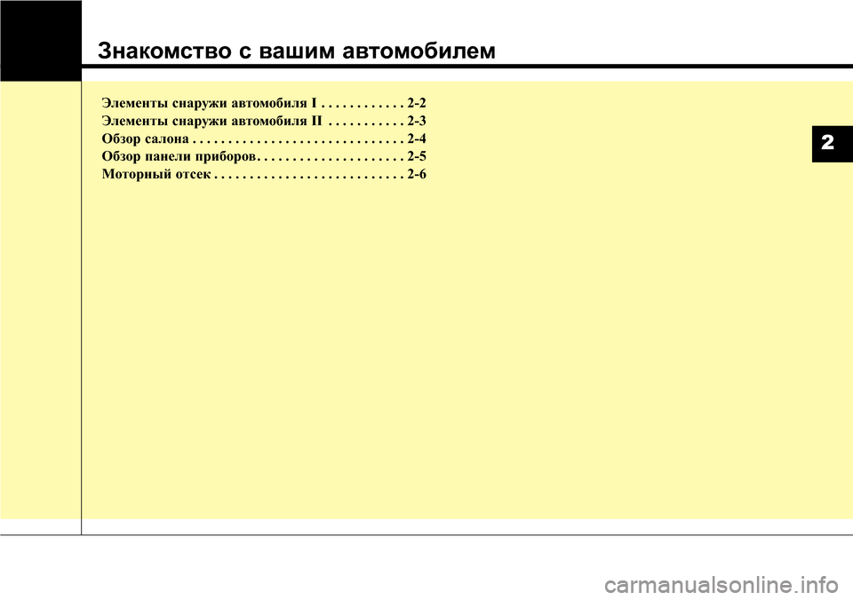 Hyundai Elantra 2015  Инструкция по эксплуатации (in Russian) Знакомство с вашим автомобилем
Элементы снаружи автомобиля I . . . . . . . . . . . . 2-2
Элементы снаружи автомобиля II . .