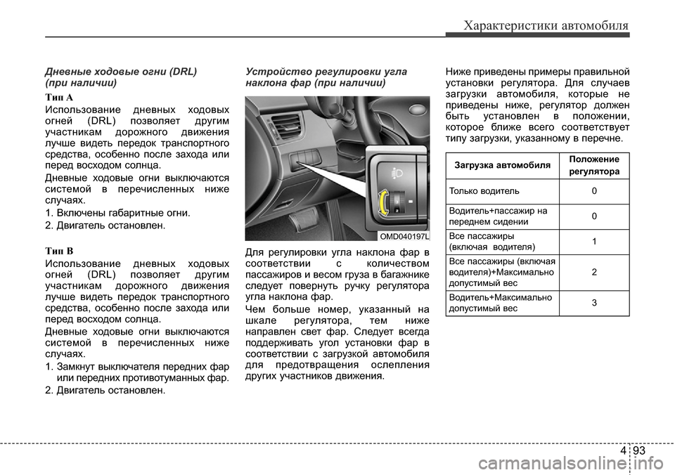 Hyundai Elantra 2015  Инструкция по эксплуатации (in Russian) 493
Характеристики автомобиля
Дневные ходовые огни (DRL) 
(при наличии)
Tип A
Использование дневных ходовых
огней 
