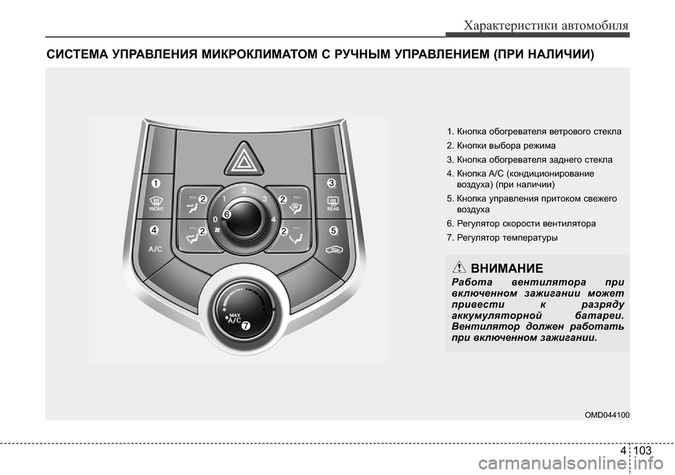 Hyundai Elantra 2015  Инструкция по эксплуатации (in Russian) 4 103
Характеристики автомобиля
СИСТЕМА УПРАВЛЕНИЯ МИКРОКЛИМАТОМ С РУЧНЫМ УПРАВЛЕНИЕМ (ПРИ НАЛИЧИИ)
1. Кнопка о