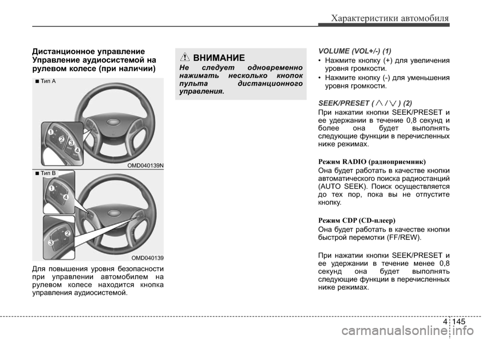 Hyundai Elantra 2015  Инструкция по эксплуатации (in Russian) 4145
Характеристики автомобиля
Дистанционное управление
Управление аудиосистемой на
рулевом колесе (при нали