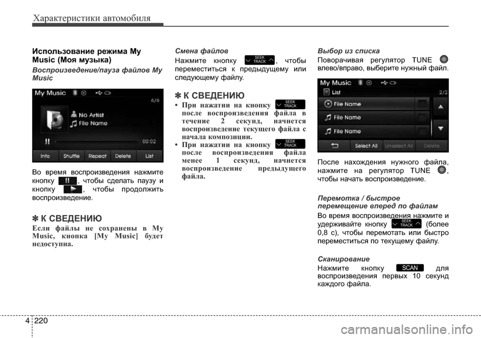 Hyundai Elantra 2015  Инструкция по эксплуатации (in Russian) Характеристики автомобиля
220 4
Использование режима My
Music (Моя музыка)
Воспроизведение/пауза файлов My
Music
Во вр