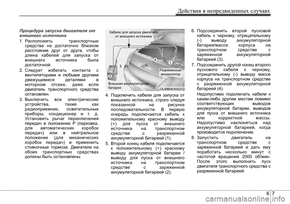 Hyundai Elantra 2015  Инструкция по эксплуатации (in Russian) 67
Действия в непредвиденных случаях
Процедура запуска двигателя от
внешнего источника
1. Расположить трансп