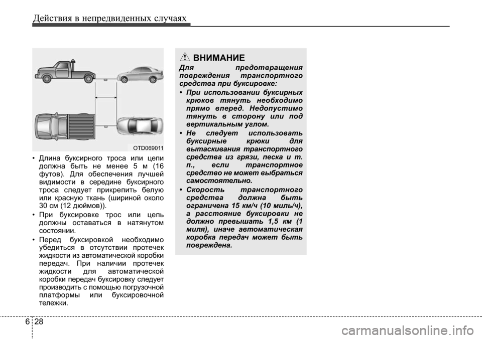 Hyundai Elantra 2015  Инструкция по эксплуатации (in Russian) Действия в непредвиденных случаях
28 6
• Длина буксирного троса или цепи
должна быть не менее 5 м (16
футов). Для 