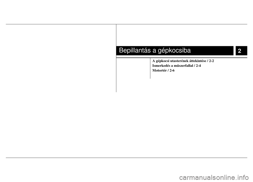 Hyundai Elantra 2014  Kezelési útmutató (in Hungarian)   
 
 
 
 
   
 
 
Bepillantás a gépkocsiba 
2 
 
A gépkocsi utasterének áttekintése / 2-2 
Ismerkedés a műszerfallal / 2-4 
Motortér / 2-6 
  