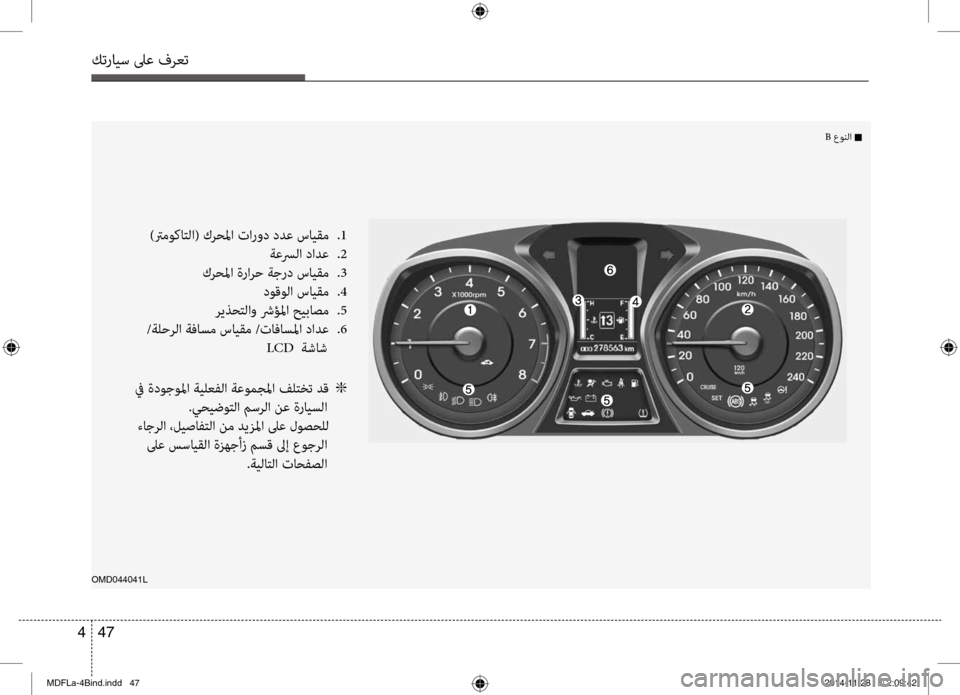 Hyundai Elantra 2014  دليل المالك كترايس لىع فرعت
47 
4
OMD044041L
)ترموكاتلا( كر\fلما تارو\b \bدع سايقم  
.1
 ةعسرلا \bادع  
.2
 كر\fلما ةرارح ةجر\b سايقم  
.3
\bوقو
