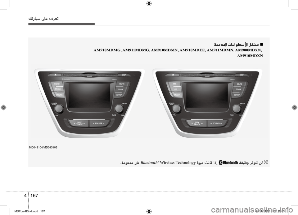 Hyundai Elantra 2014  دليل المالك كترايس لىع فرعت
167 
4
00CF00870064009B003F001E004En
AM910MDMG, AM911MDMG, AM910MDMN, AM910MDEE, AM911MDMN, AM900MDXN, 
AM910MDXN
.ةموعدم يرغ Bluetooth® Wireless Technology ةز