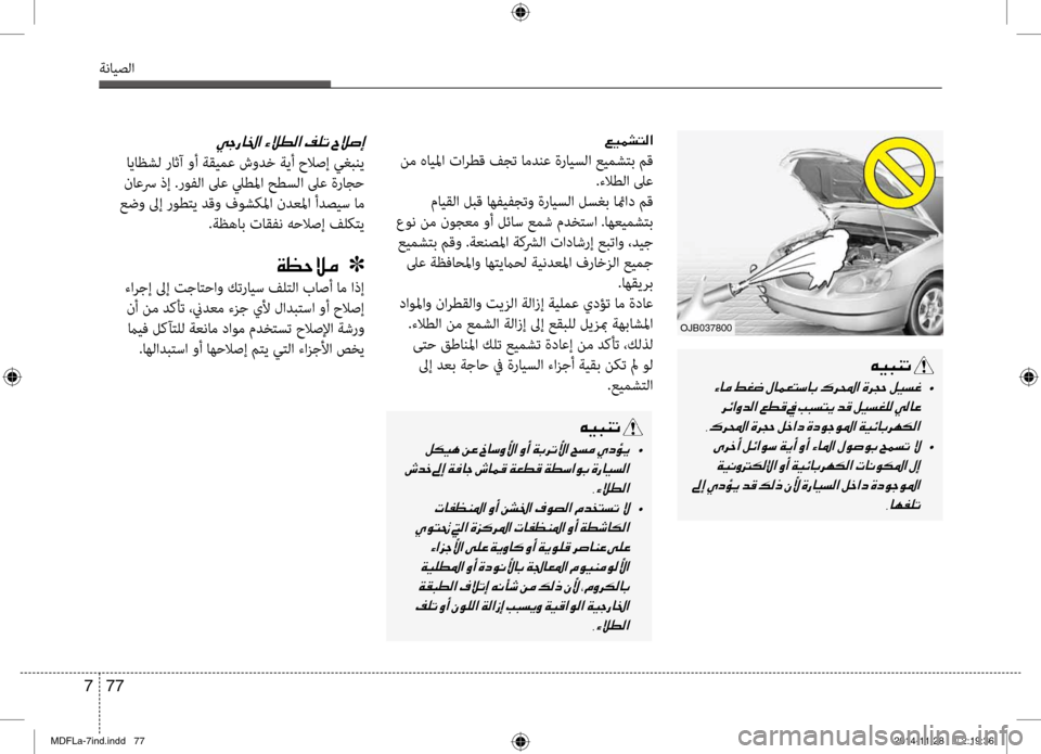 Hyundai Elantra 2014  دليل المالك 77 
7
ةنايصلا
00A600CB00BD0070004C00B8003F
 نم هايبيbا تارطق فجت امدنع ةرايبيfلا عيمشتب مق
.ءلاطلا لىع
 مايقلا لبق اهفيفجتو ةرا