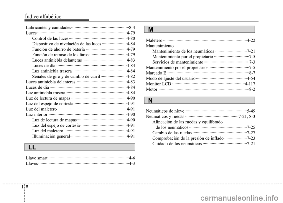 Hyundai Elantra 2013  Manual del propietario (in Spanish) Índice alfabético
6
I
Lubricantes y cantidades···················································8-4 
Luces ···················