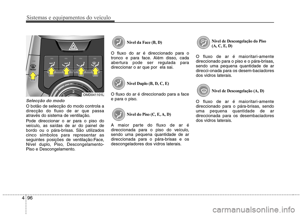 Hyundai Elantra 2013 Manual do proprietário (in Portuguese) Sistemas e equipamentos do veículo
96
4
Selecção do modo
O botão de selecção do modo controla a direcção do fluxo de ar que passa
através do sistema de ventilação.
Pode direccionar o ar pa Hyundai Elantra 2013 Manual do proprietário (in Portuguese) Sistemas e equipamentos do veículo
96
4
Selecção do modo
O botão de selecção do modo controla a direcção do fluxo de ar que passa
através do sistema de ventilação.
Pode direccionar o ar pa
