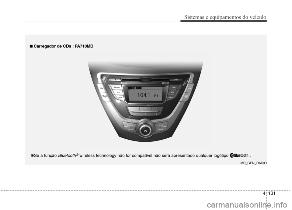 Hyundai Elantra 2013  Manual do proprietário (in Portuguese) 4131
Sistemas e equipamentos do veículo
■■  
Carregador de CDs : PA710MD
MD_GEN_RADIO
❋
Se a função 
Bluetooth®wireless technology não for compatível não será apresentado qualquer logót