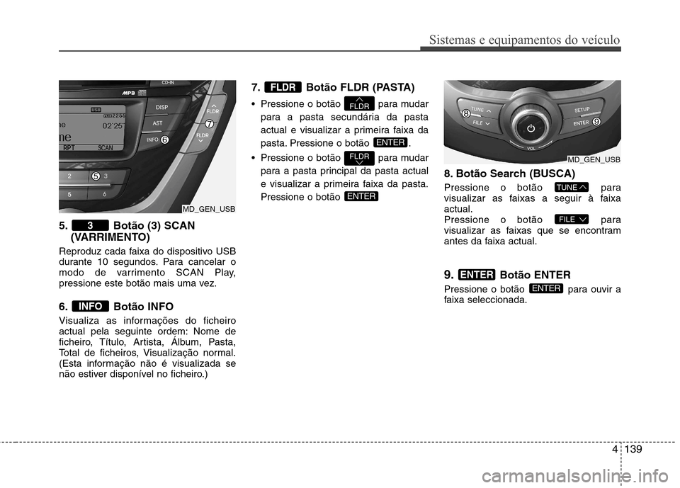 Hyundai Elantra 2013  Manual do proprietário (in Portuguese) 4139
Sistemas e equipamentos do veículo
5. Botão (3) SCAN(VARRIMENTO)
Reproduz cada faixa do dispositivo USB 
durante 10 segundos. Para cancelar o
modo de varrimento SCAN Play,
pressione este botão