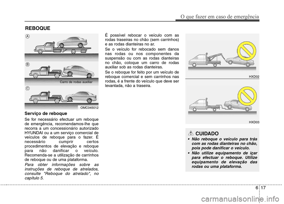 Hyundai Elantra 2013  Manual do proprietário (in Portuguese) 617
O que fazer em caso de emergência
REBOQUE
Serviço de reboque 
Se for necessário efectuar um reboque de emergência, recomendamos-lhe que
recorra a um concessionário autorizado
HYUNDAI ou a um 