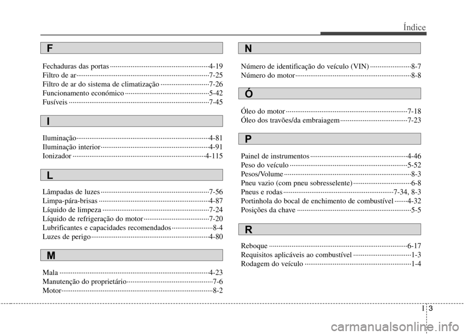 Hyundai Elantra 2013  Manual do proprietário (in Portuguese) I3
Índice
Fechaduras das portas ·····················································4-19 
Filtro de ar·····················