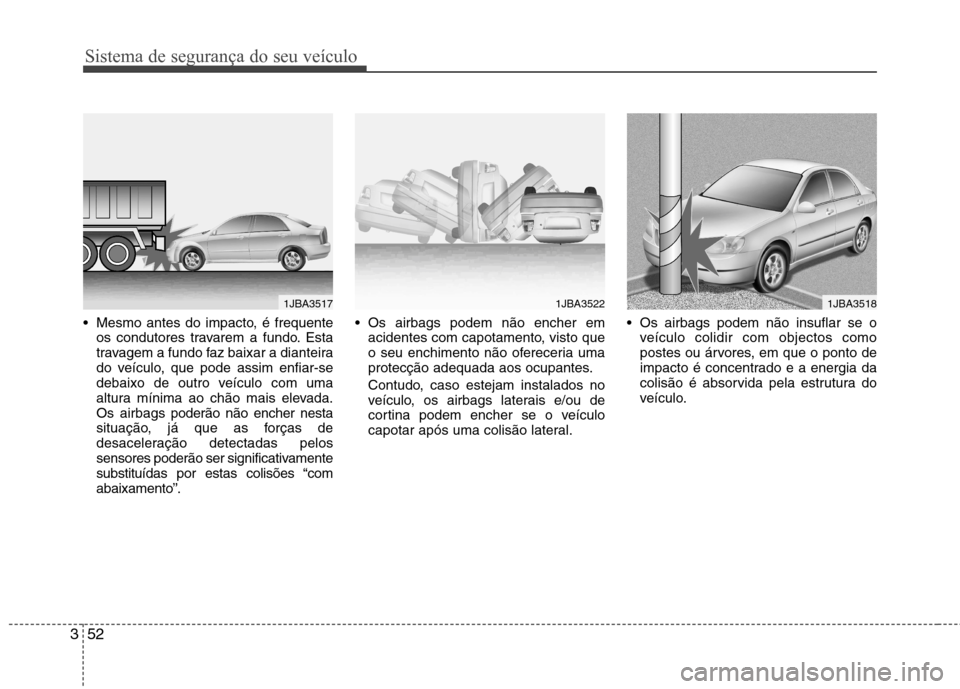 Hyundai Elantra 2013  Manual do proprietário (in Portuguese) Sistema de segurança do seu veículo
52
3
 Mesmo antes do impacto, é frequente
os condutores travarem a fundo. Esta 
travagem a fundo faz baixar a dianteira
do veículo, que pode assim enfiar-se
deb