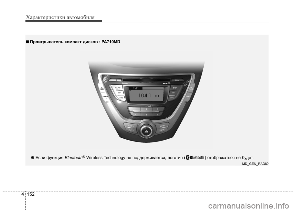 Hyundai Elantra 2013  Инструкция по эксплуатации (in Russian) Характеристики автомобиля
152
4
■■   
Проигрыватель компакт дисков : P A710MD
MD_GEN_RADIO
❋ 
Если функция  Bluetooth®
Wireless Tech
