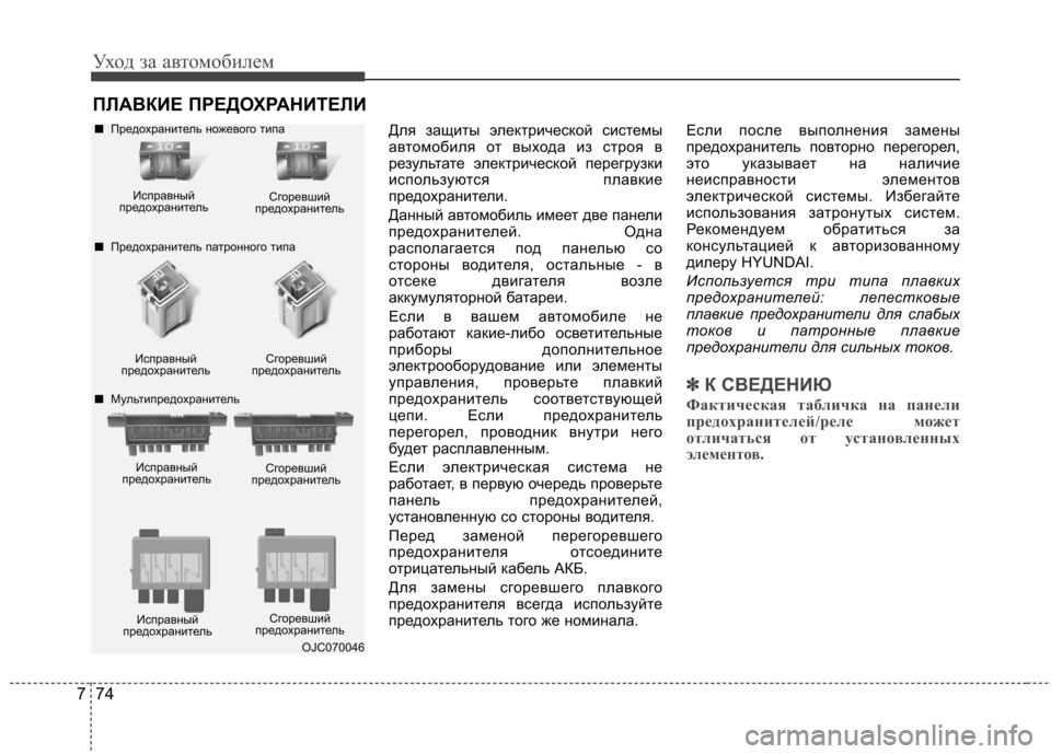 Hyundai Elantra 2013 Инструкция по эксплуатации (in Russian) Уход за автомобилем
74
7
ПЛАВКИЕ ПРЕДОХРАНИТЕЛИ
Для защиты электрической системы
автомобиля от выхода из стр Hyundai Elantra 2013 Инструкция по эксплуатации (in Russian) Уход за автомобилем
74
7
ПЛАВКИЕ ПРЕДОХРАНИТЕЛИ
Для защиты электрической системы
автомобиля от выхода из стр