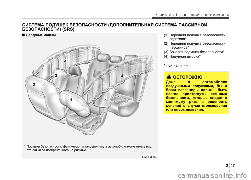 Hyundai Elantra 2013  Инструкция по эксплуатации (in Russian) 347
Системы безопасности автомобиля
(1) Передняя подушка безопасностиводителя*
(2) Передняя подушка безопаснос