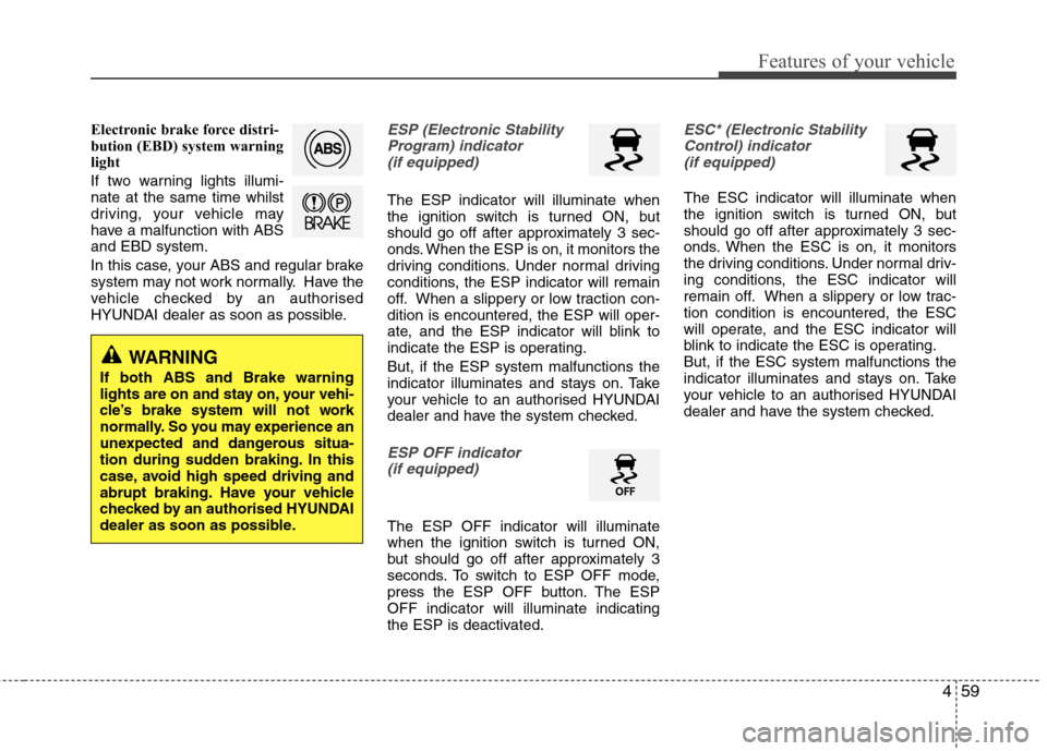 Hyundai Elantra 2012 Owners Manual - RHD (UK. Australia) 459
Features of your vehicle
Electronic brake force distri-
bution (EBD) system warning
light
If two warning lights illumi- nate at the same time whilst
driving, your vehicle may
have a malfunction Hyundai Elantra 2012 Owners Manual - RHD (UK. Australia) 459
Features of your vehicle
Electronic brake force distri-
bution (EBD) system warning
light
If two warning lights illumi- nate at the same time whilst
driving, your vehicle may
have a malfunction