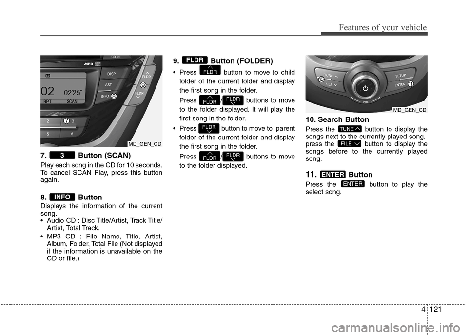 Hyundai Elantra 2012 Owners Manual - RHD (UK. Australia) 4121
Features of your vehicle
7. Button (SCAN)
Play each song in the CD for 10 seconds.
To cancel SCAN Play, press this buttonagain.
8. Button
Displays the information of the current song.
Audio Hyundai Elantra 2012 Owners Manual - RHD (UK. Australia) 4121
Features of your vehicle
7. Button (SCAN)
Play each song in the CD for 10 seconds.
To cancel SCAN Play, press this buttonagain.
8. Button
Displays the information of the current song.
Audio