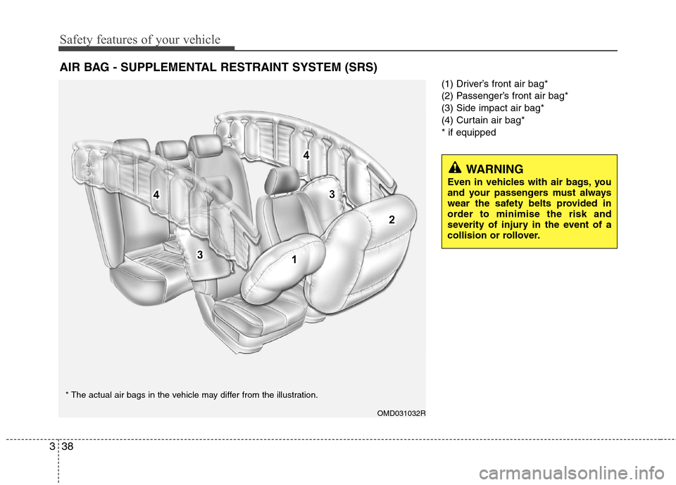 Hyundai Elantra 2012  Owners Manual - RHD (UK. Australia) Safety features of your vehicle
38
3
(1) Driver’s front air bag* 
(2) Passenger’s front air bag*(3) Side impact air bag*
(4) Curtain air bag** if equipped
AIR BAG - SUPPLEMENTAL RESTRAINT SYSTEM (