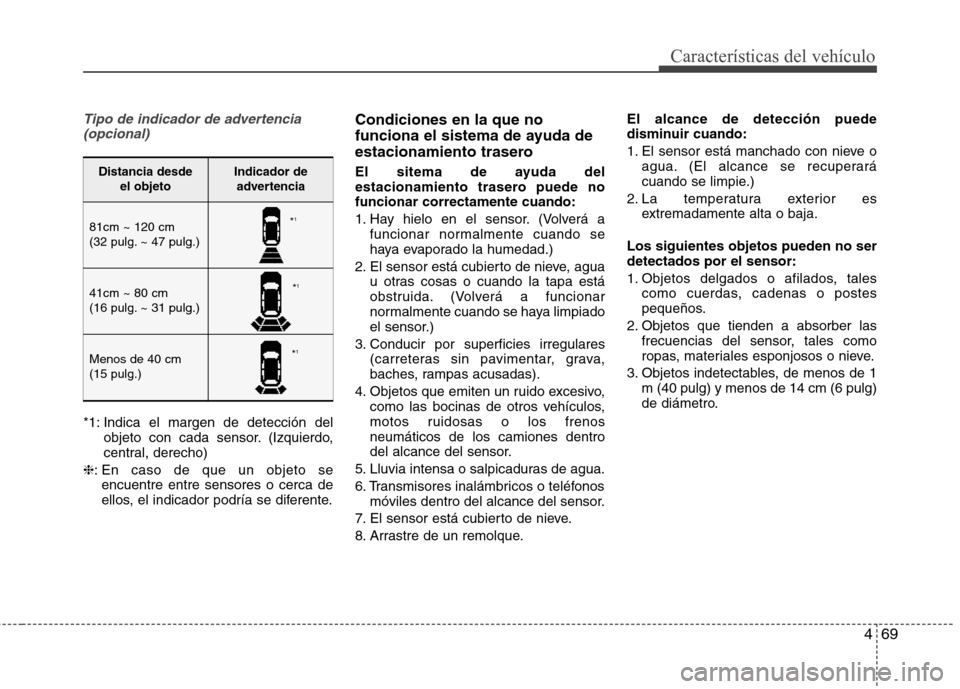 Hyundai Elantra 2012 Manual del propietario (in Spanish) 469
Características del vehículo
Tipo de indicador de advertencia (opcional)
*1: Indica el margen de detección del objeto con cada sensor. (Izquierdo,
central, derecho)
❈ : En caso de que un obj Hyundai Elantra 2012 Manual del propietario (in Spanish) 469
Características del vehículo
Tipo de indicador de advertencia (opcional)
*1: Indica el margen de detección del objeto con cada sensor. (Izquierdo,
central, derecho)
❈ : En caso de que un obj
