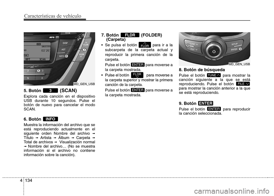 Hyundai Elantra 2012  Manual del propietario (in Spanish) Características de vehículo
134
4
5. Botón  (SCAN)
Explora cada canción en el dispositivo 
USB durante 10 segundos. Pulse el
botón de nuevo para cancelar el modoSCAN. 
6. Botón  
Muestra la info