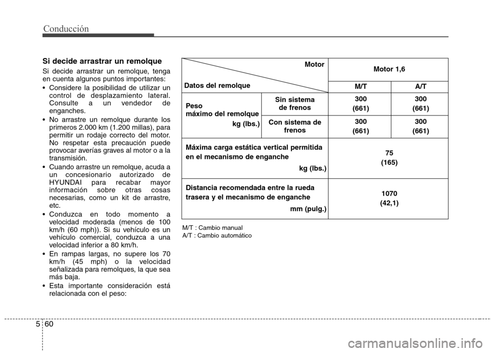 Hyundai Elantra 2012 Manual del propietario (in Spanish) Conducción
60
5
Si decide arrastrar un remolque
Si decide arrastrar un remolque, tenga
en cuenta algunos puntos importantes:
Considere la posibilidad de utilizar un
control de desplazamiento la Hyundai Elantra 2012 Manual del propietario (in Spanish) Conducción
60
5
Si decide arrastrar un remolque
Si decide arrastrar un remolque, tenga
en cuenta algunos puntos importantes:
Considere la posibilidad de utilizar un
control de desplazamiento la