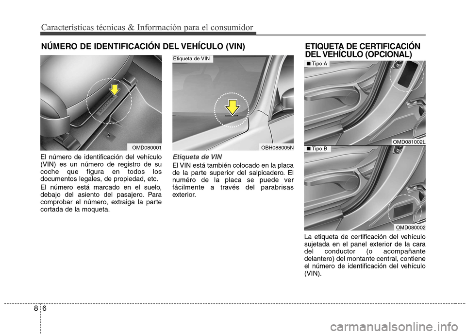 Hyundai Elantra 2012  Manual del propietario (in Spanish) Características técnicas & Información para el consumidor
6
8
El número de identificación del vehículo (VIN) es un número de registro de su
coche que figura en todos los
documentos legales, de 