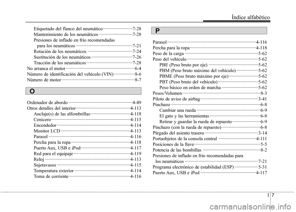 Hyundai Elantra 2012 Manual del propietario (in Spanish) I7
Índice alfabético
Etiquetado del flanco del neumático ·························7-28
Mantenimiento de los neumáticos ························· Hyundai Elantra 2012 Manual del propietario (in Spanish) I7
Índice alfabético
Etiquetado del flanco del neumático ·························7-28
Mantenimiento de los neumáticos ·························