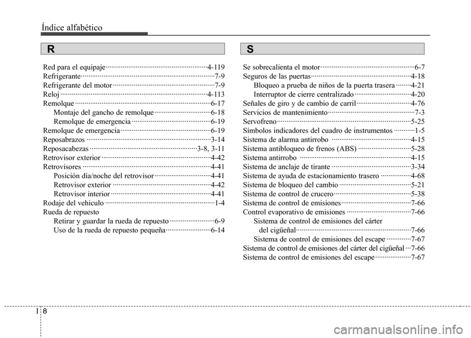 Hyundai Elantra 2012 Manual del propietario (in Spanish) Índice alfabético
8
I
Red para el equipaje······················································4-119
Refrigerante·············· Hyundai Elantra 2012 Manual del propietario (in Spanish) Índice alfabético
8
I
Red para el equipaje······················································4-119
Refrigerante··············