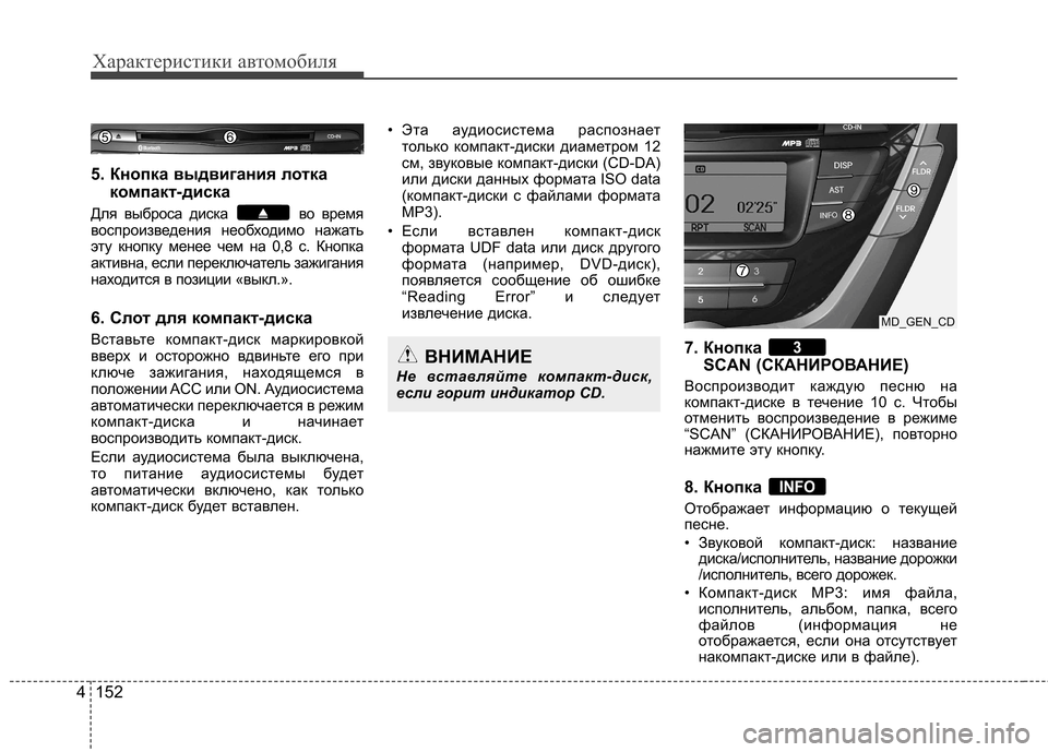 Hyundai Elantra 2012  Инструкция по эксплуатации (in Russian) Характеристики автомобиля
152
4
5. Кнопка выдвигания лотка
компакт-диска 
Для выброса диска во время 
воспроизв